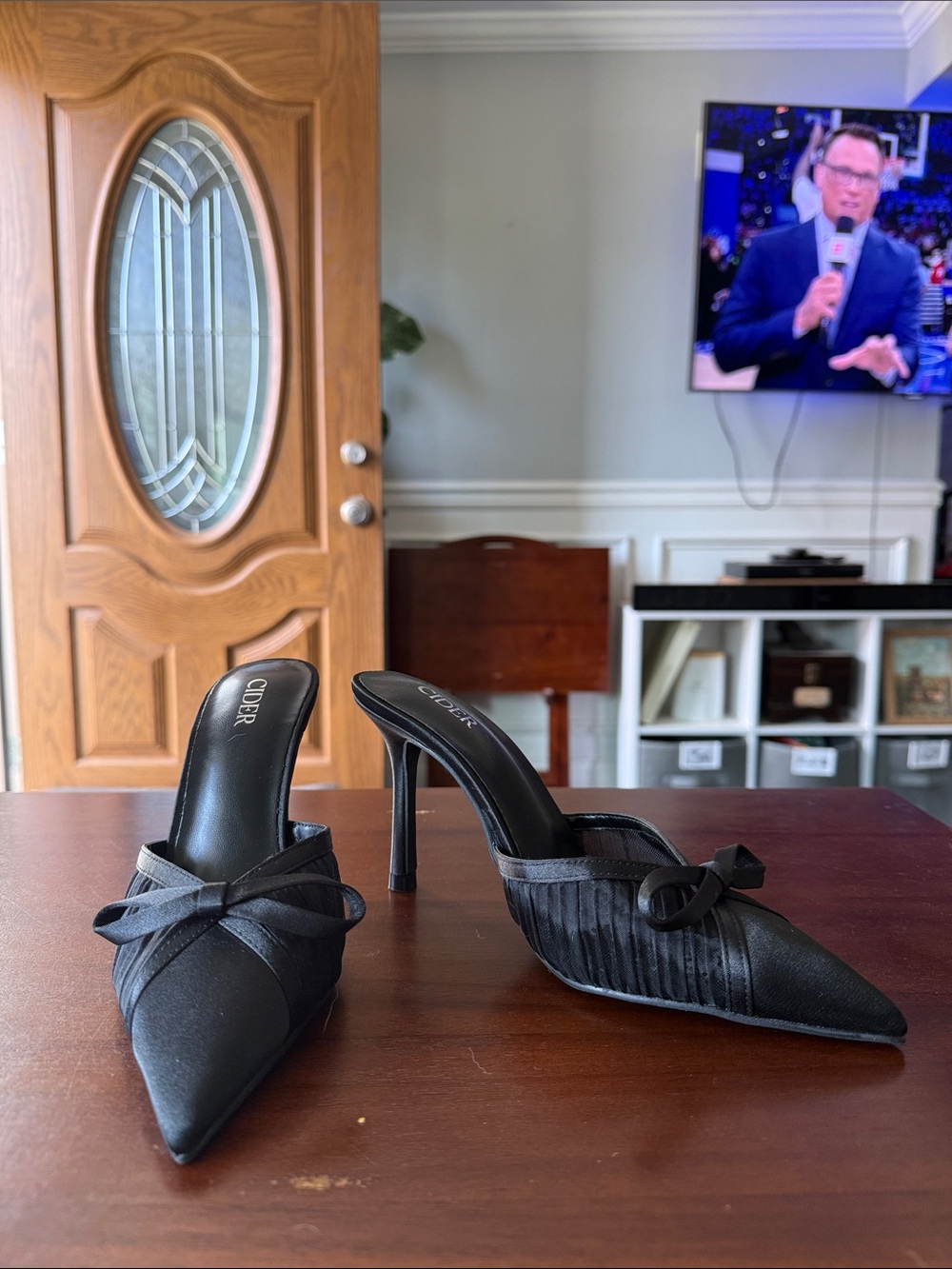 Cider Black Pointed Toe Bow Mule Stiletto Heels